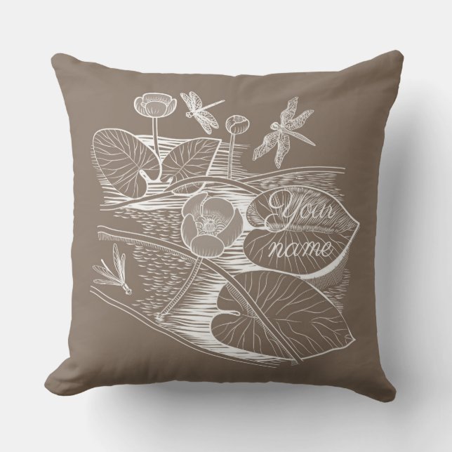 Water-lilies graphic brown cushion (Front)