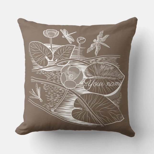 Water-lilies graphic brown cushion (Front)