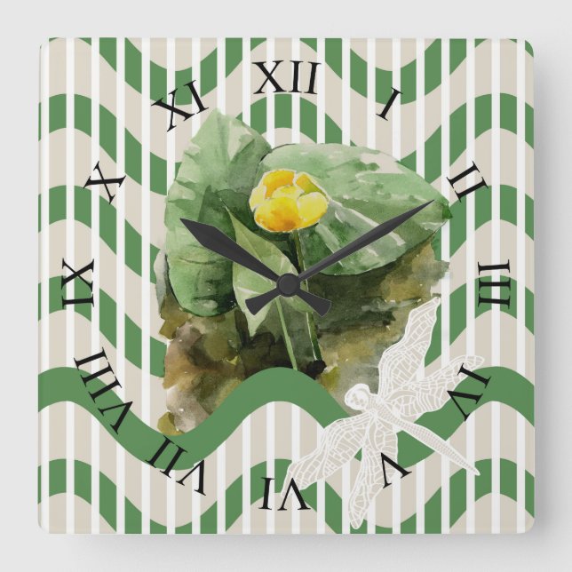 Water lilies pattern square wall clock (Front)