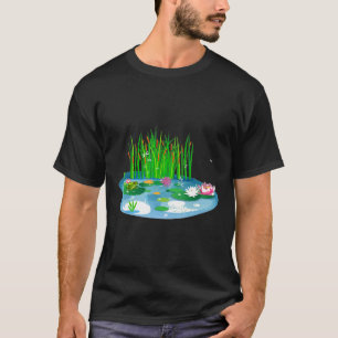 Water Lilies Pond With Frog On Lily Pad Cattails D T-Shirt