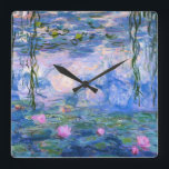 Water Lilies Square Wall Clock<br><div class="desc">Water Lilies is a series of over 200 oil paintings by French Impressionist Claude Monet. This painting,  completed in 1919,  features shades of blue and pink.</div>