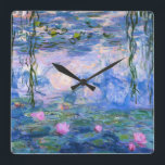 Water Lilies Square Wall Clock<br><div class="desc">Water Lilies is a series of over 200 oil paintings by French Impressionist Claude Monet. This painting,  completed in 1919,  features shades of blue and pink.</div>