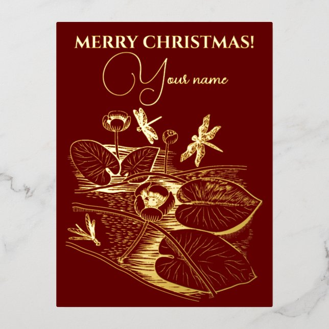  Water-lilies yellow engraving graphic Foil Holida Foil Holiday Postcard (Front)