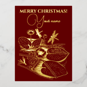  Water-lilies yellow engraving graphic Foil Holida Holiday Postcard