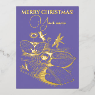  Water-lilies yellow engraving graphic Foil Holiday Postcard