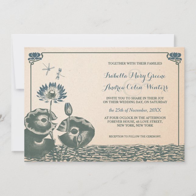 Water lily and dragonfly wedding invitation (Front)