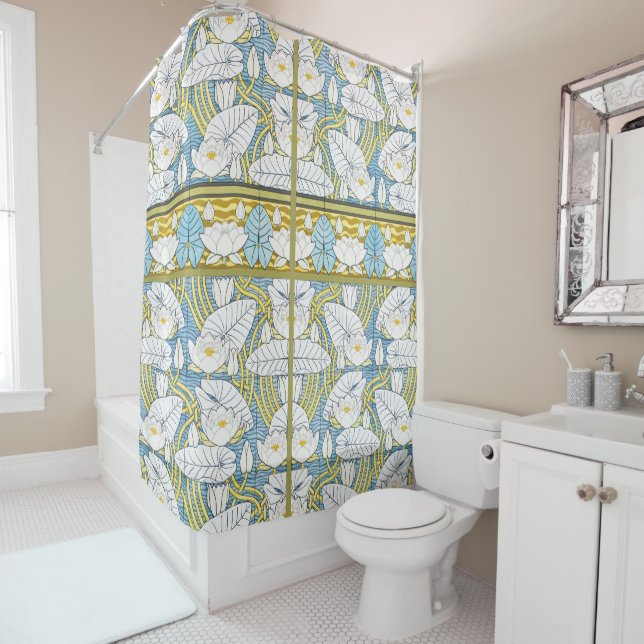 Water Lily Art Nouveau Floral Shower Curtain (In Situ)