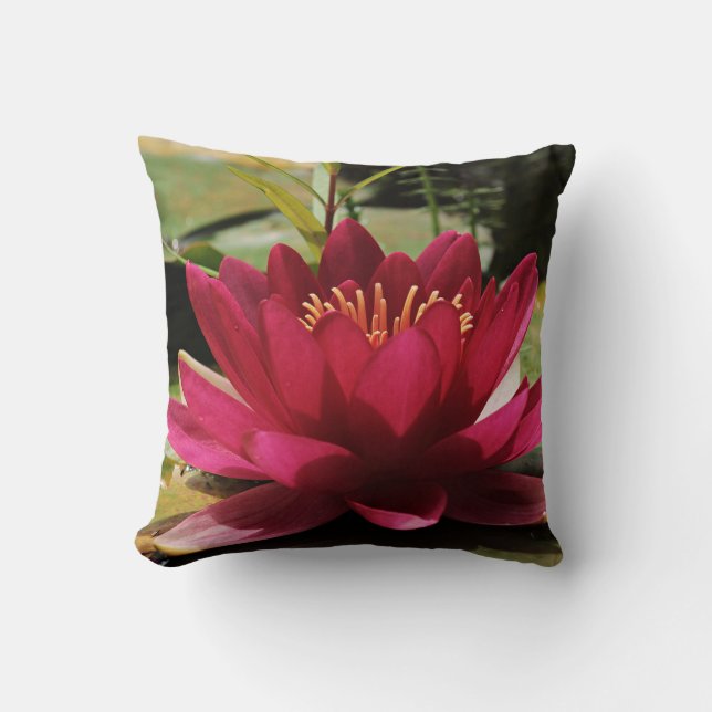 Water Lily Floral Throw Pillow Asian Decor (Front)