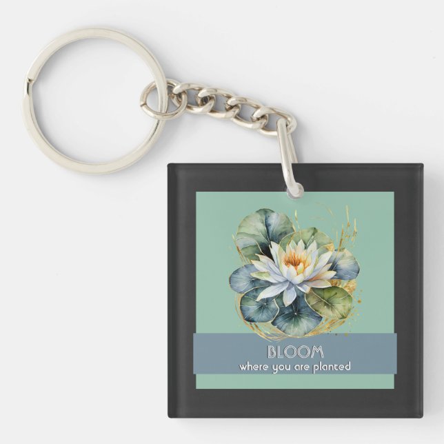 Water Lily Flower Inspirational Quote Pretty Green Key Ring (Front)