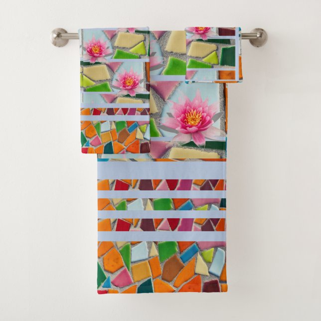 Water Lily Light Blue Grey Mosaic Pattern Bath Towel Set (Insitu)