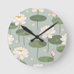 Water Lily Lotus Pond Pattern Round Clock