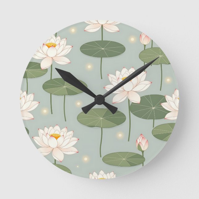 Water Lily Lotus Pond Pattern Round Clock (Front)