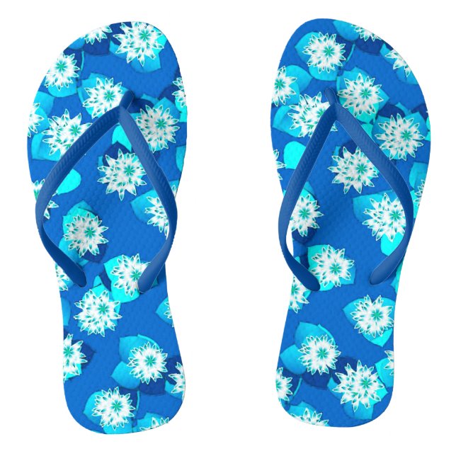 Water Lily pattern, turquoise, blue and white Jandals (Footbed)