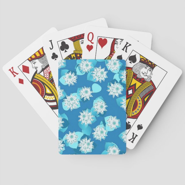 Water Lily pattern, turquoise, blue and white Playing Cards (Back)