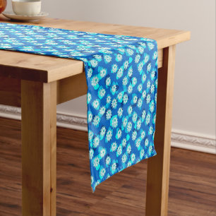 Water Lily Pattern, Turquoise, Blue and White Short Table Runner