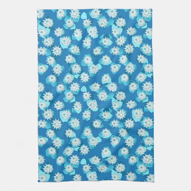 Water Lily pattern, turquoise, blue and white Tea Towel (Vertical)
