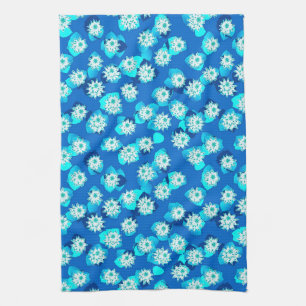 Water Lily Pattern, Turquoise, Blue and White Tea Towel