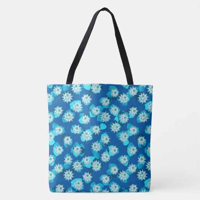 Water Lily pattern, turquoise, blue and white Tote Bag (Front)