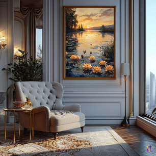 Water Lily Pond at Sunset in Impressionist Style Poster