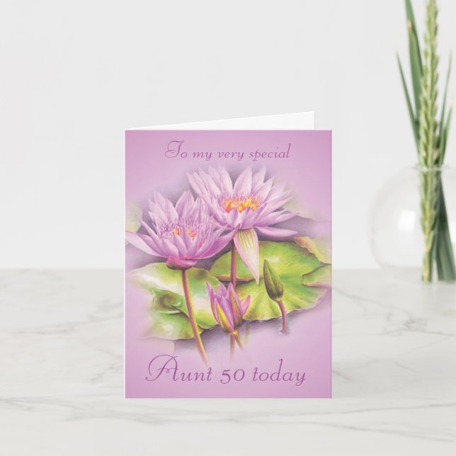 Water lily purple floral Aunt 50 birthday card (Front)