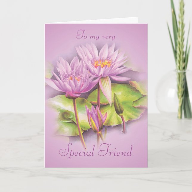 Water lily purple floral friend birthday card (Front)