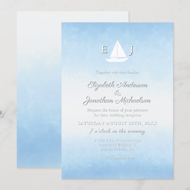 Water Meets Sky Watercolor Wedding Reception Invitation (Front/Back)