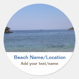 water ocean beach photo add name text place summer classic round sticker
