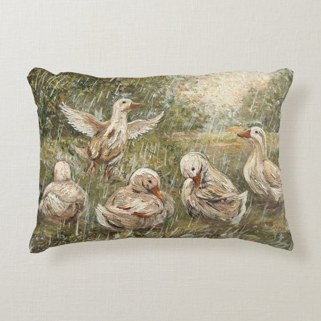 Water Play Whimsical Farmhouse Duck Family Pond Decorative Cushion (Front)