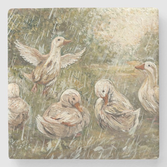 Water Play Whimsical Farmhouse Duck Family Pond Stone Coaster (Front)