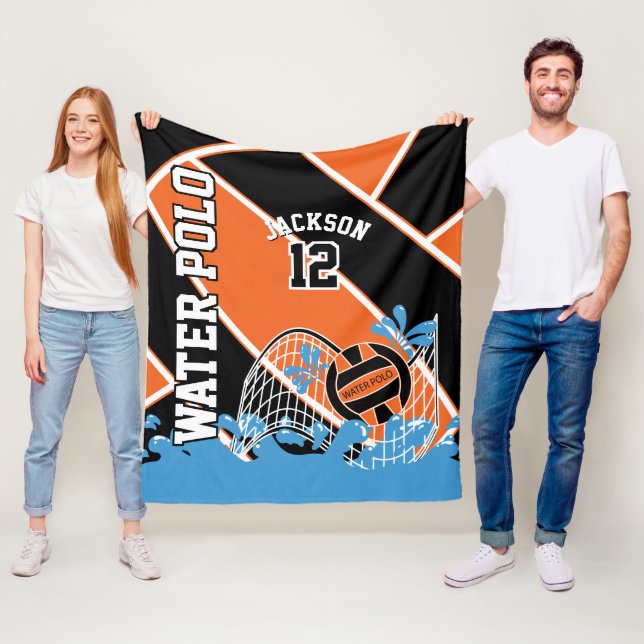 Water Polo 🤽‍♀️ Sport in Orange, Black and White Fleece Blanket (In Situ)