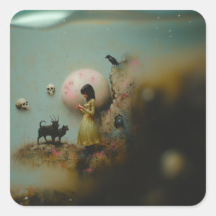 Water Priestess Raven Occult Dark Witchy AI Art Square Sticker