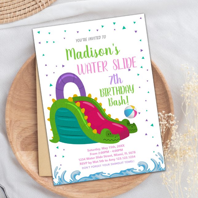 Water Slide Birthday Invitation (Green Pink Water Slide Birthday Invitations)