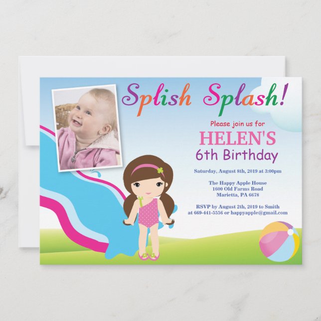 Water Slide Pool Party Birthday Invitation Girl (Front)