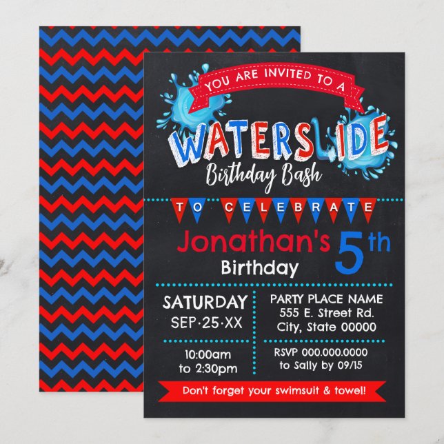 Water Slide Summer Birthday Party Red White Blue Invitation (Front/Back)