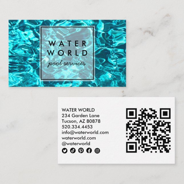 Water Sparkles Swimming Pool Service Photo QR Code Business Card (Front/Back)