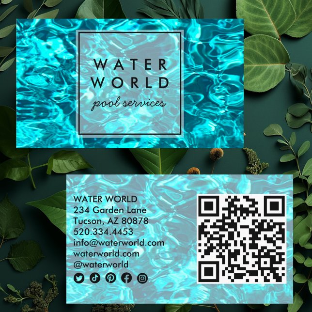 Water Sparkles Swimming Pool Service Photo QR Code Business Card (Pool sparkles photography custom business cards. Social media icons and Qr code)