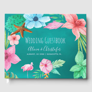 Water teal luau floral tropical wreath wedding guest book