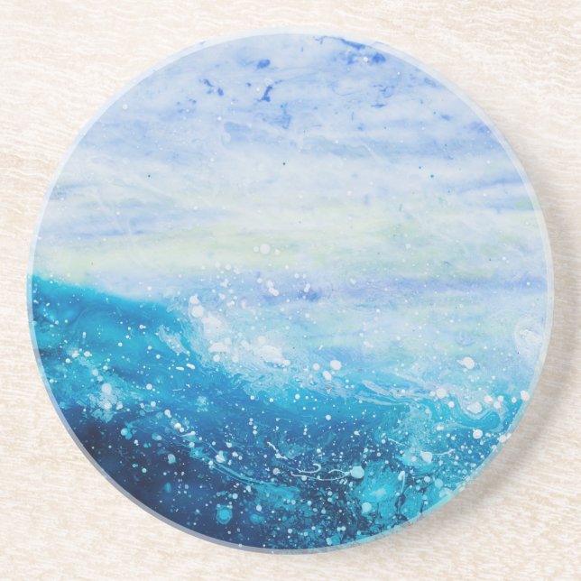 Water waves ocean wave blue teal painting coaster (Front)