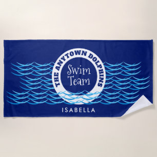 Water Waves Swim Team Personalised Dark Blue Beach Towel