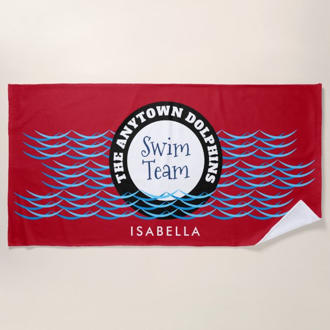Water Waves Swim Team Personalised Red Beach Towel (Front)