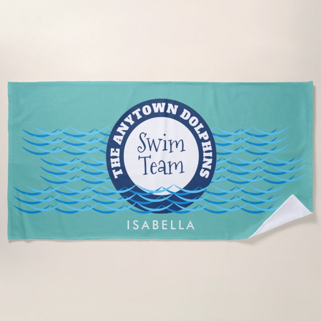 Water Waves Swim Team Personalised Teal Beach Towel (Front)