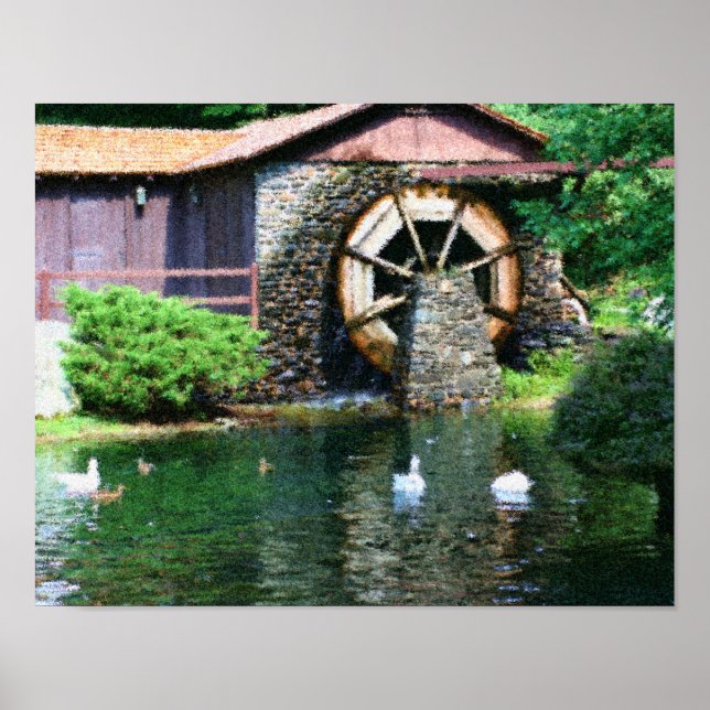 Water Wheel Duck Pond Seurat Photo Painting Poster (Front)