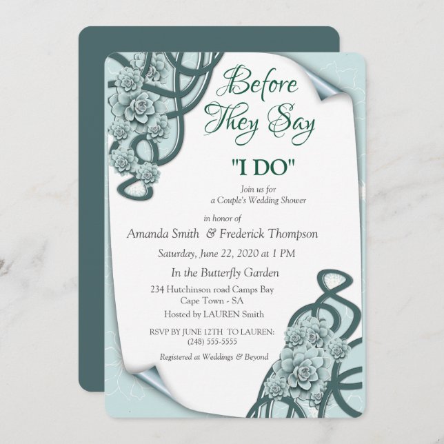 Water-wise Succulents in Mint blue to Pine Green Invitation (Front/Back)