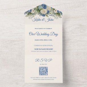 Watercolo Blue Flower Bouquet-Wedding- All In One Invitation
