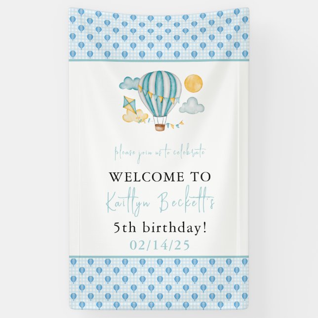 Watercolo Hot Air Balloon Kid 5th Birthday Party  Banner (Vertical)