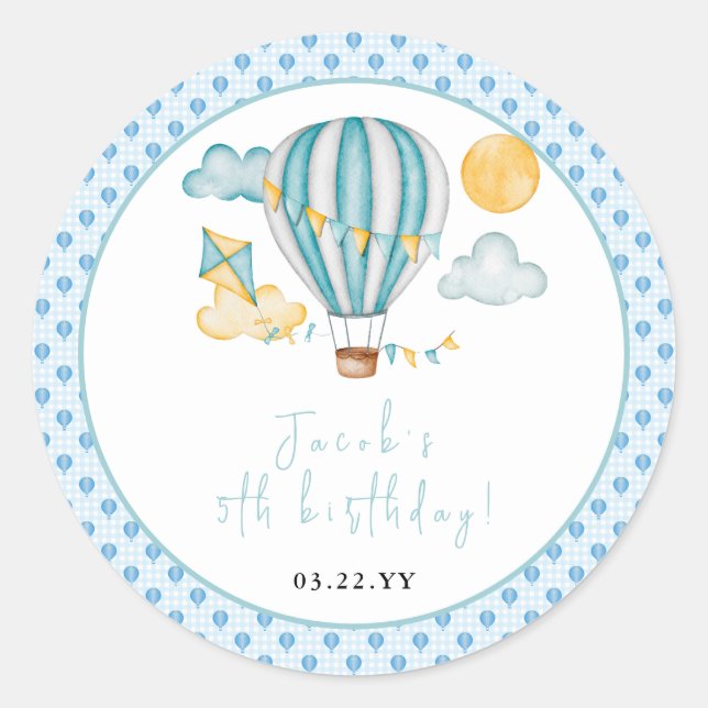 Watercolo Hot Air Balloon Kid 5th Birthday Party  Classic Round Sticker (Front)