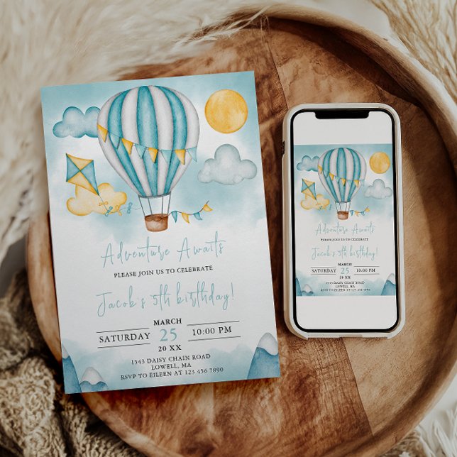 Watercolo Hot Air Balloon Kid 5th Birthday Party  Invitation (Creator Uploaded)