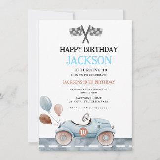 Watercolor 10th Racing Car Boys Birthday Invite