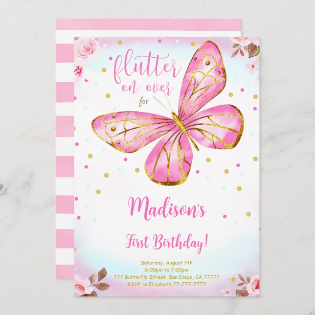 Watercolor 1st Birthday Butterfly Invitation (Front/Back)