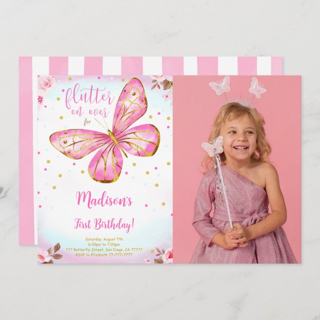 Watercolor 1st Birthday Butterfly Photo Invitation (Front/Back)